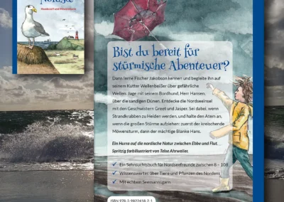 Ansicht von Cover und Buchrückseite des Hardcovers „Jakobsons Nordsee – Hundezoff und Möwensturm“, Band 1