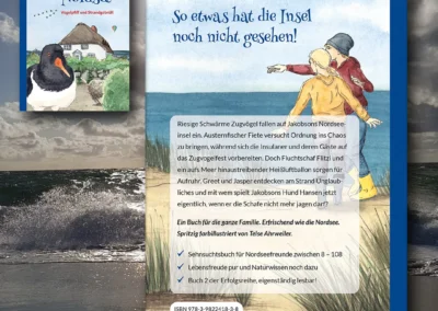 Ansicht von Cover und Buchrückseite von „Jakobsons Nordsee – Vogelpfiff und Strandgebrüll“, Band 2, mit Inhaltsangabe